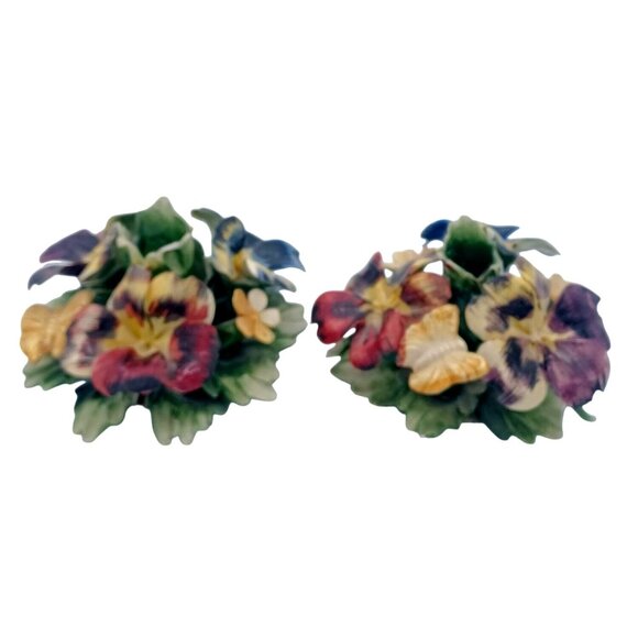 Vintage 1950s Capodimonte Candle Holders With African Violets & Butterflies Flor - Picture 13 of 13